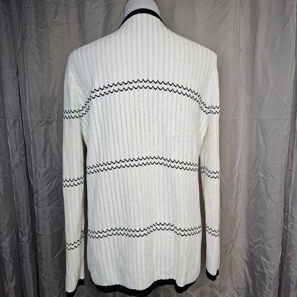 Bella Colori Creamy White Black Scallop Pattern Button Front Cardigan Sweater - Picture 5 of 12